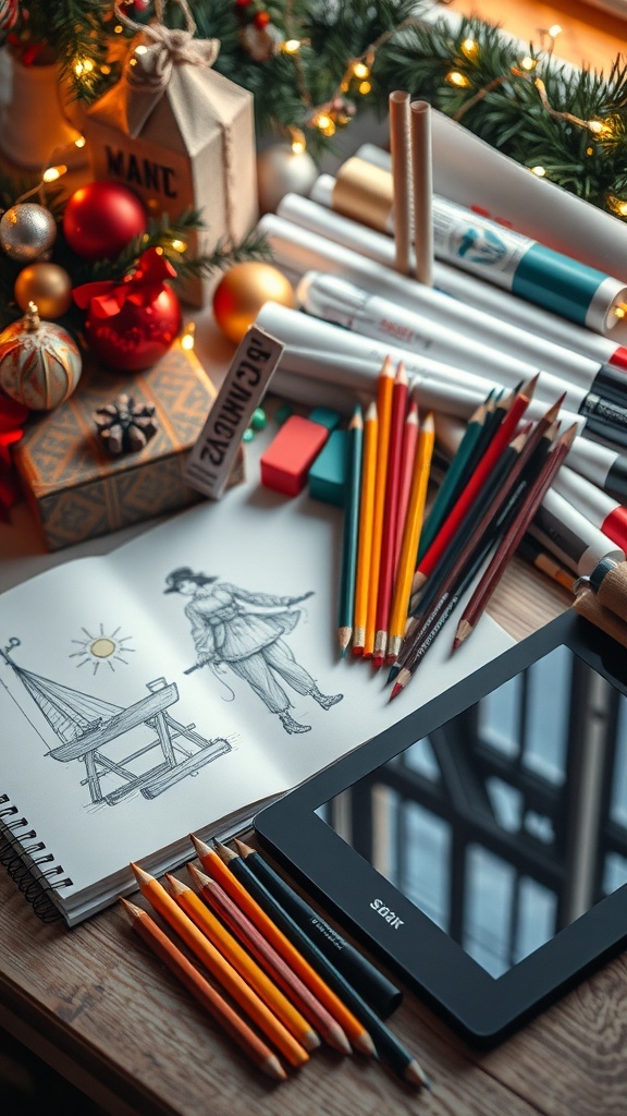 A festive display of art supplies for drawing enthusiasts, including sketchbooks and colored pencils, with holiday decorations.